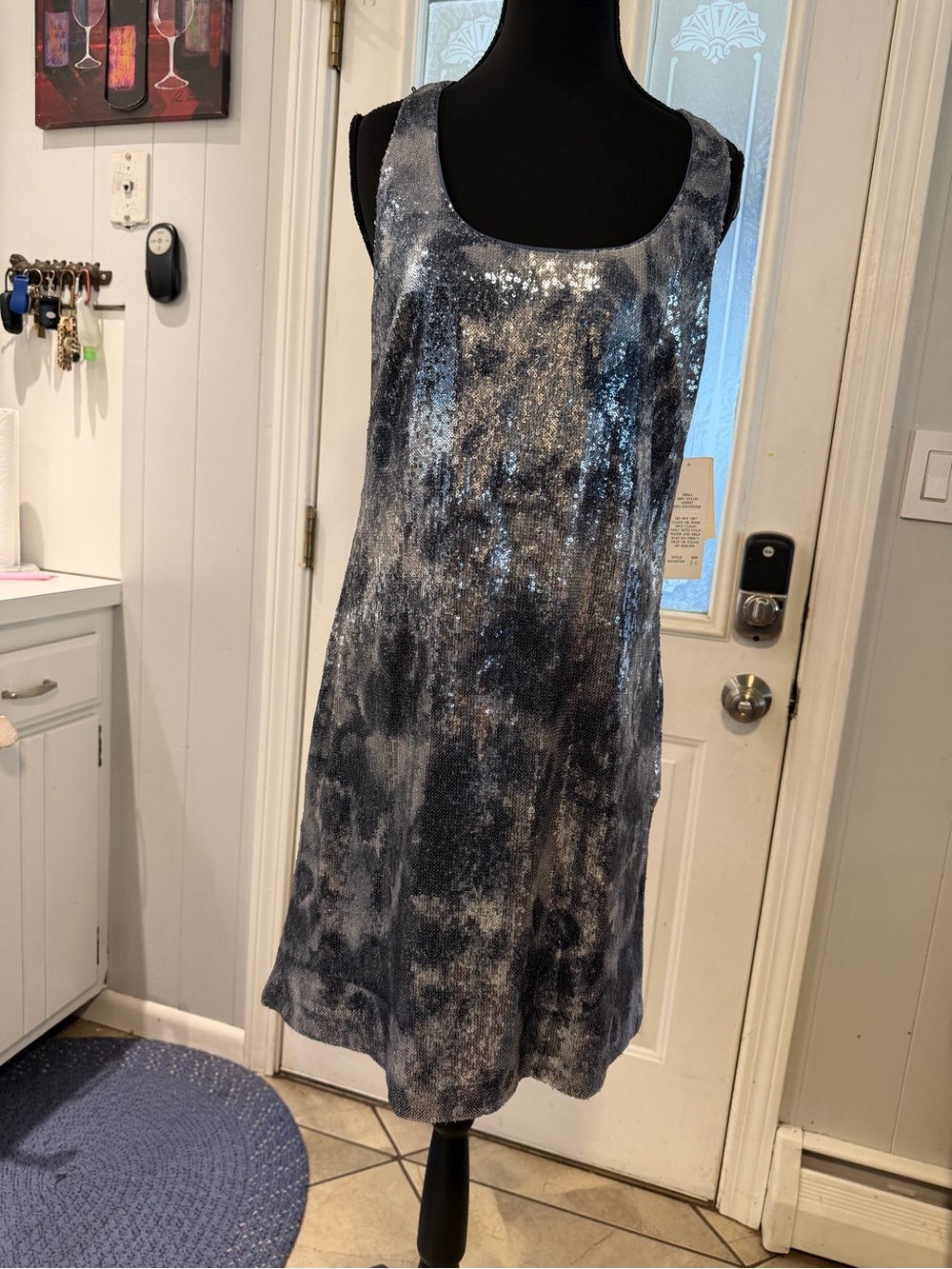 Adrianna Papell Silver and Black Sequin Midi Dress